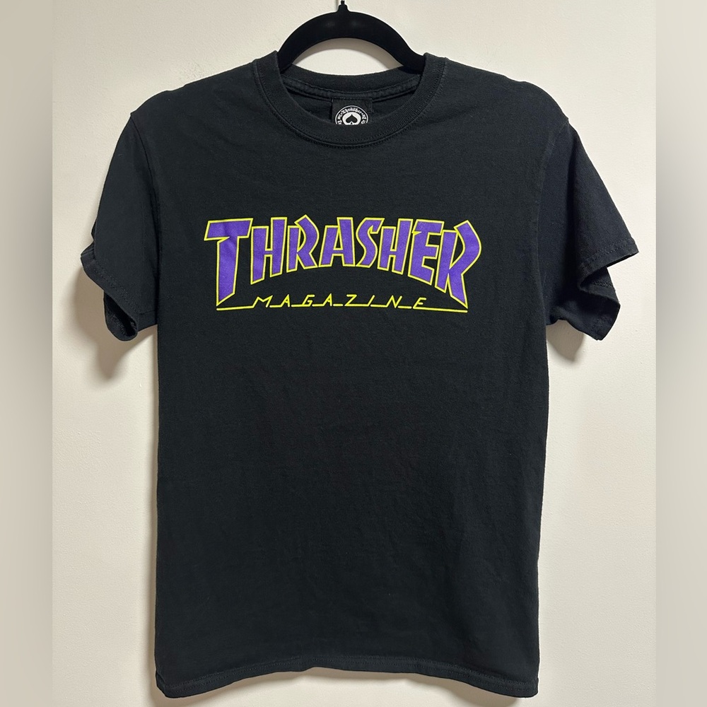 Thrasher Black Tee with Purple and Yellow Logo